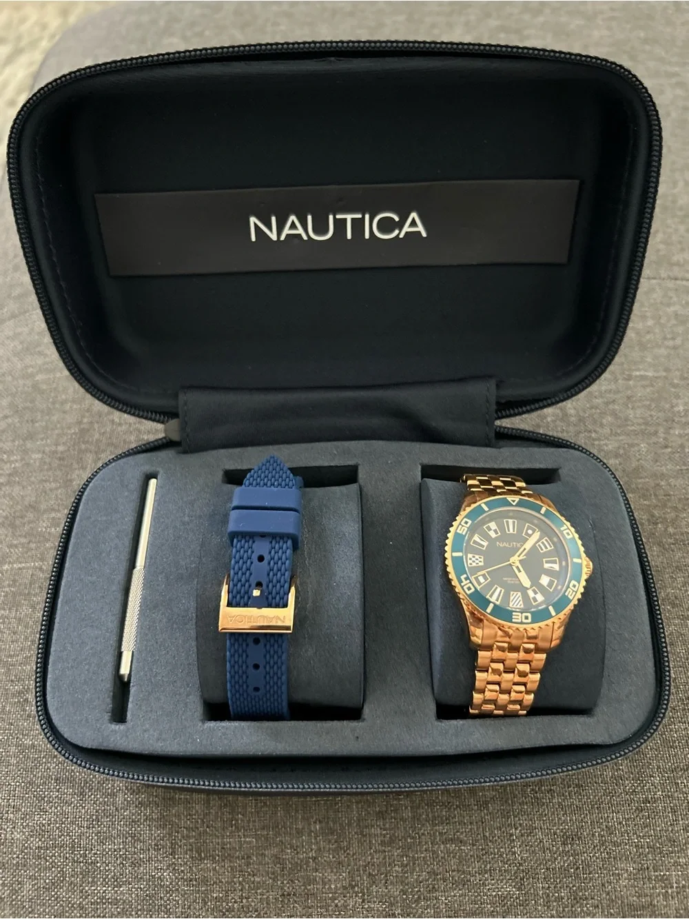 Nautica Men’s Gold-Tone Watch with Blue Dial and Blue Interchangeable Strap